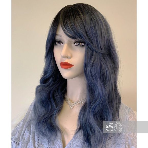 Dark Brown Ash Blue Gray Ombre Wavy Wig with Bangs | Odeta - Picture 2 of 4